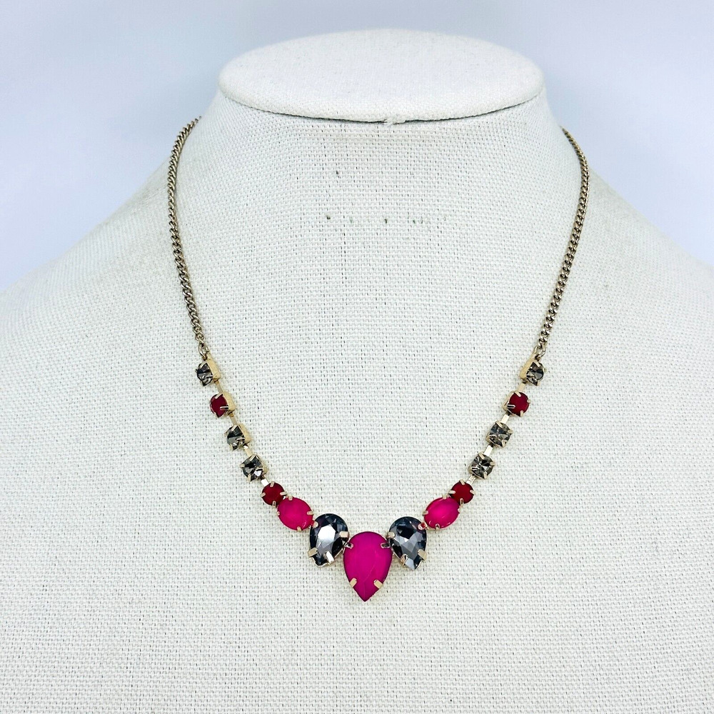 Ann Taylor Loft Necklace Pink Gray Crystal Prong Set Gold Tone Costume Jewelry